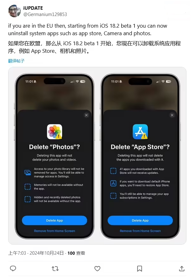 和政苹果手机维修分享iOS 18.2 支持删除 App Store 应用商店 